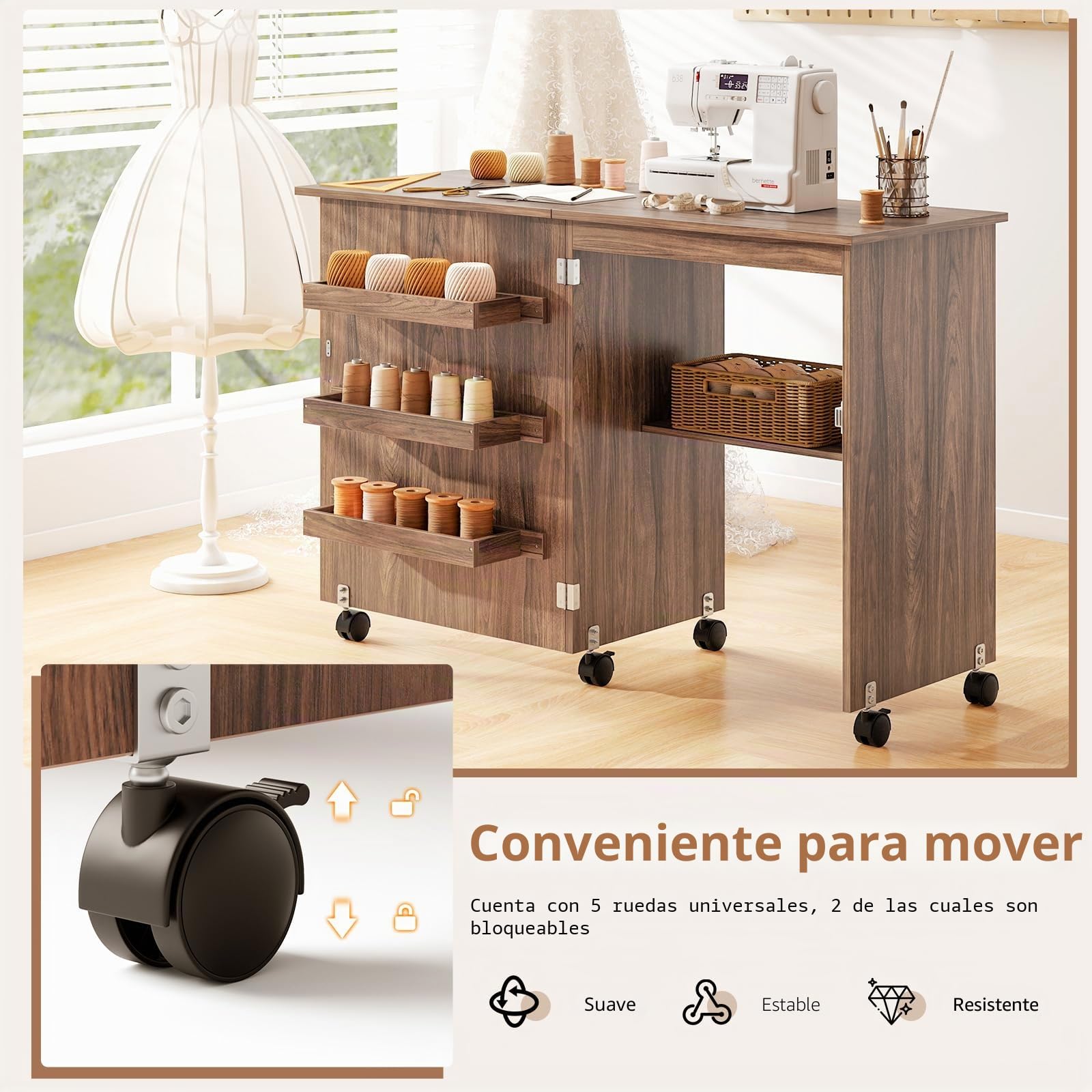 GIANTEX Armario de Costura Plegable con 5 Ruedas, Mesa de Coser con 3 Compartimentos y 1 Estante, Mueble para Máquina de Coser, Mesa Multifuncional para Manualidades, Ordenador (Marrón)