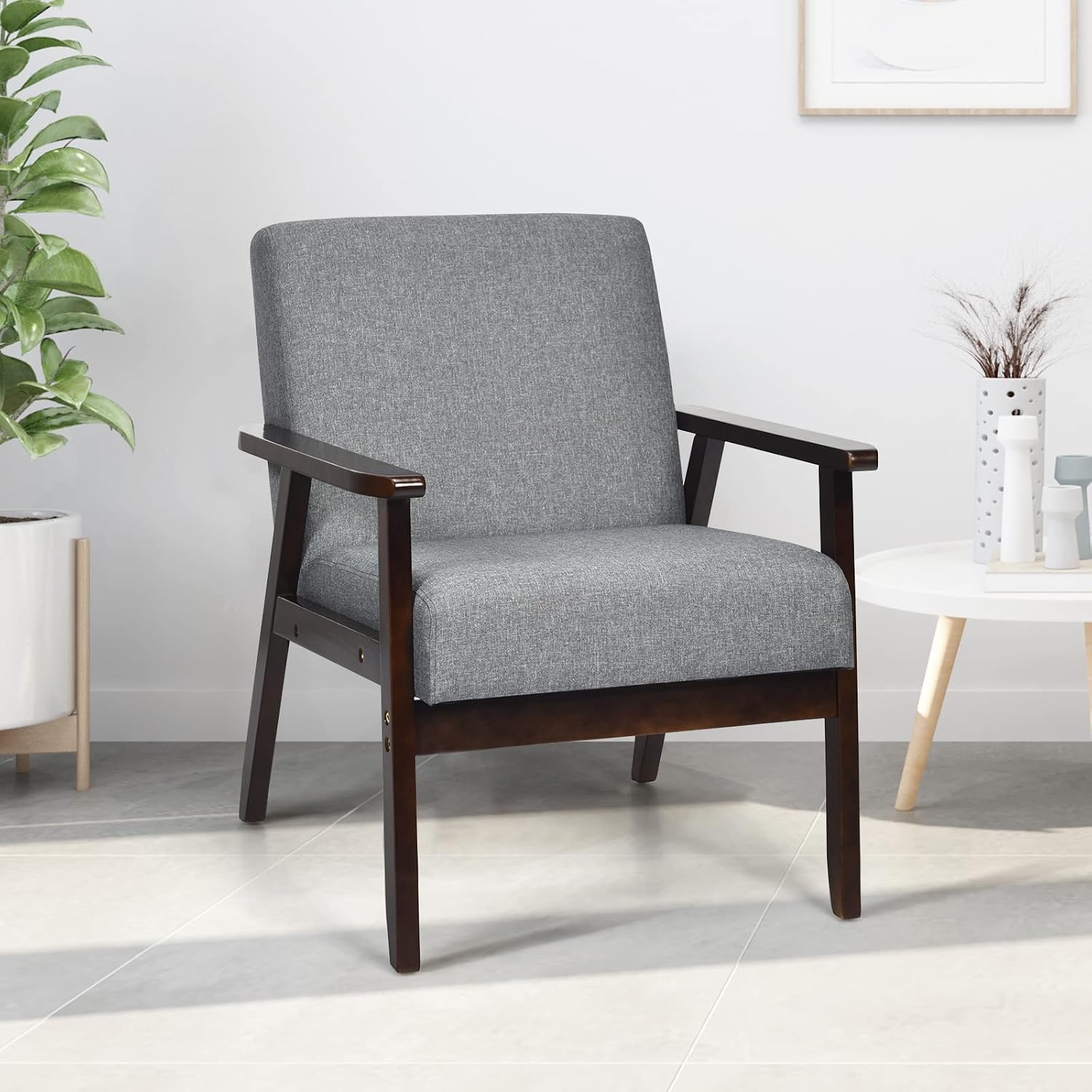 POWERSTONE Mid Century Accent Chair, Modern Living Room Armchair, Linen Upholstered Reading Lounge Chair, Leisure Side Chair with Wood Leg for Bedroom Dark Grey
