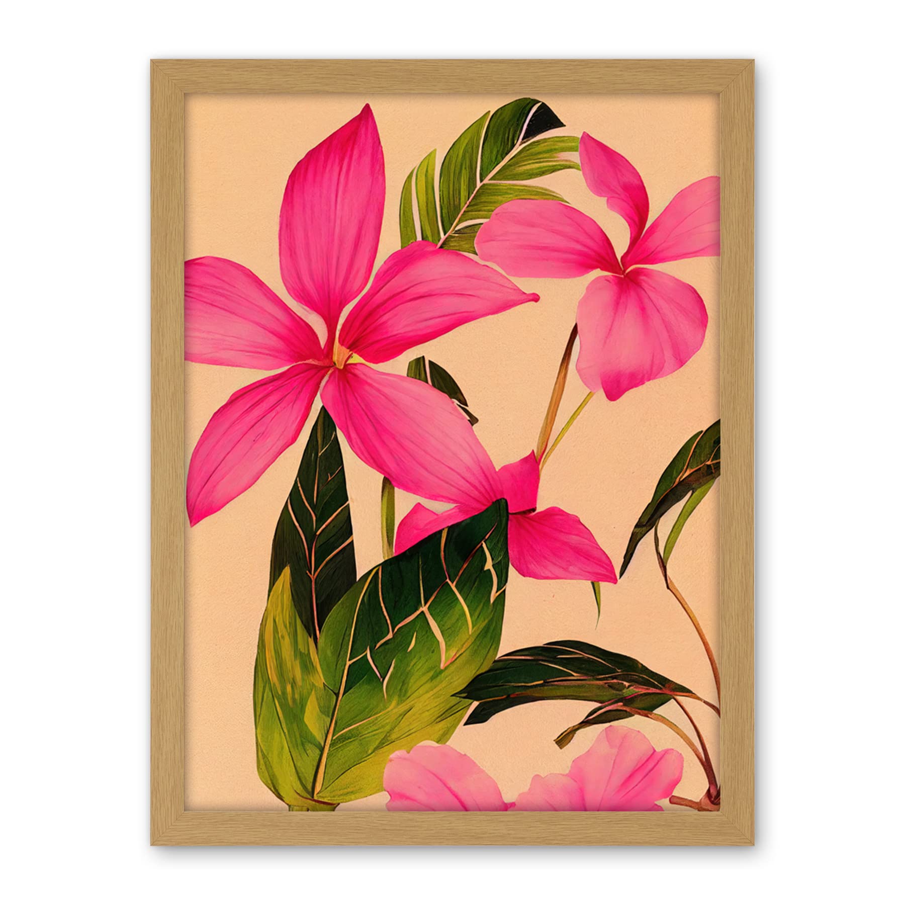 Wee Blue Coo Exotic Pink Plumeria Flower Plant Blooms Watercolour Pencil Illustration Artwork Framed Wall Art Print 18X24 Inch
