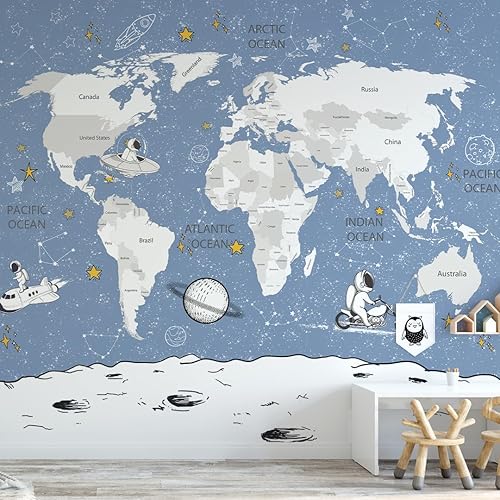 Vista 113 de Papel tapiz para habitación de niños, mapa del mundo con países, papel tapiz para guardería de animales pelar y pegar, murales de pared para niños
