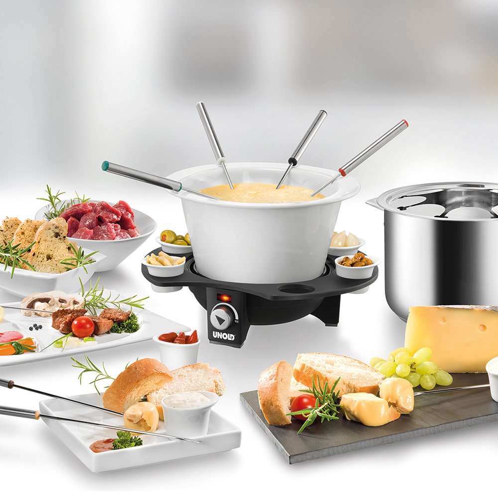 UNOLD 48645 Fondue-Elegance - Elektro-Fondue-Set, Wechseltopf (Edelstahl/Keramik), für 8 Personen, für Fleischfondue mit Öl/Bouillon und Schokoladen- oder Käsefondue