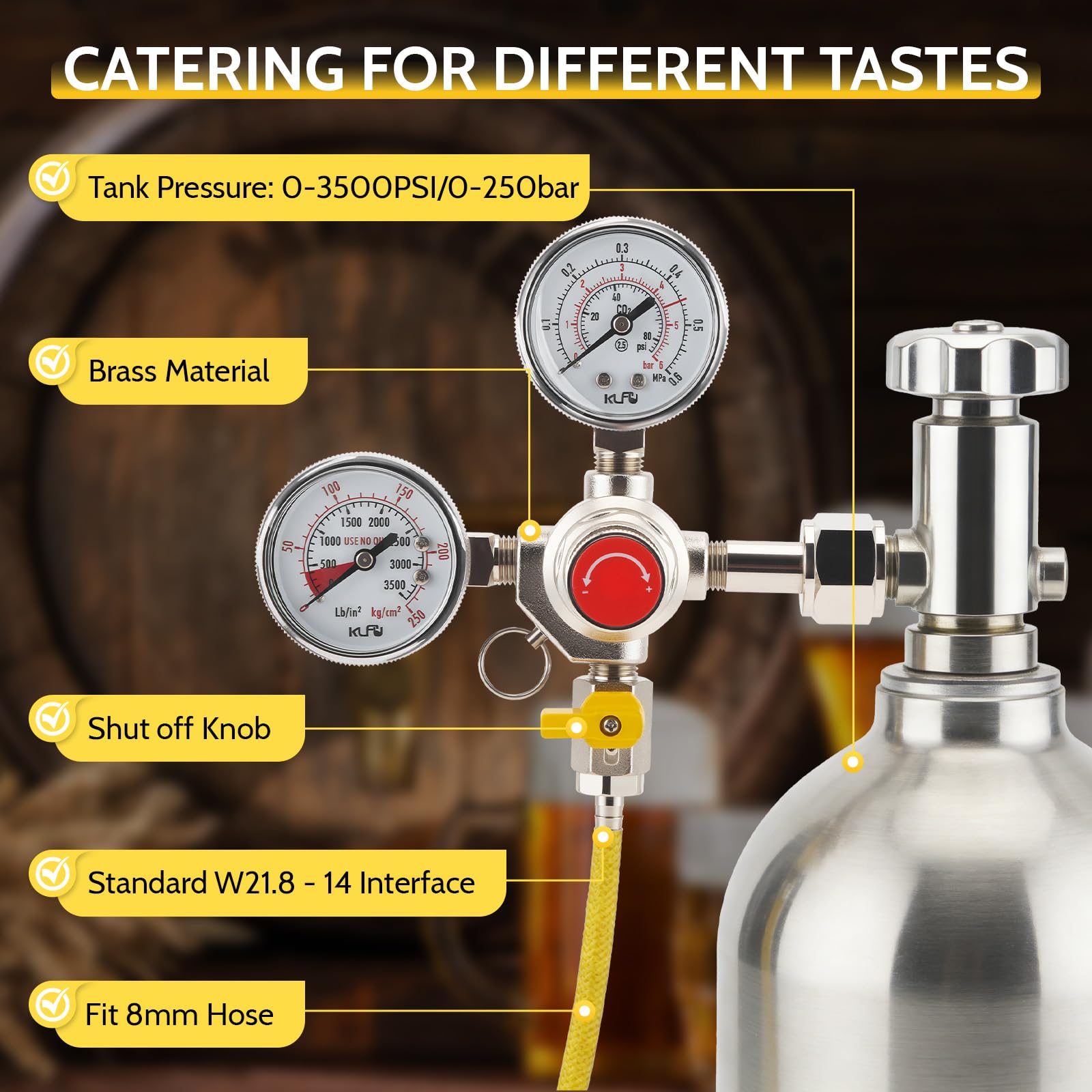 Détendeur de Pression CO2 pour Bière, Réducteur de Pression Gaz avec Double Manomètre, Raccord W21.8-14 & 3/4", Valve Anti-Retour, pour Distributeurs de Bière, Brassage de Bière, Tireuse à Bière