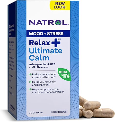 Natrol Relax + Ultimate Calm con Ashwagandha, 5-HTP, L-teanina y bálsamo de limón, suplemento dietético sin medicamentos ayuda a reducir el estrés y