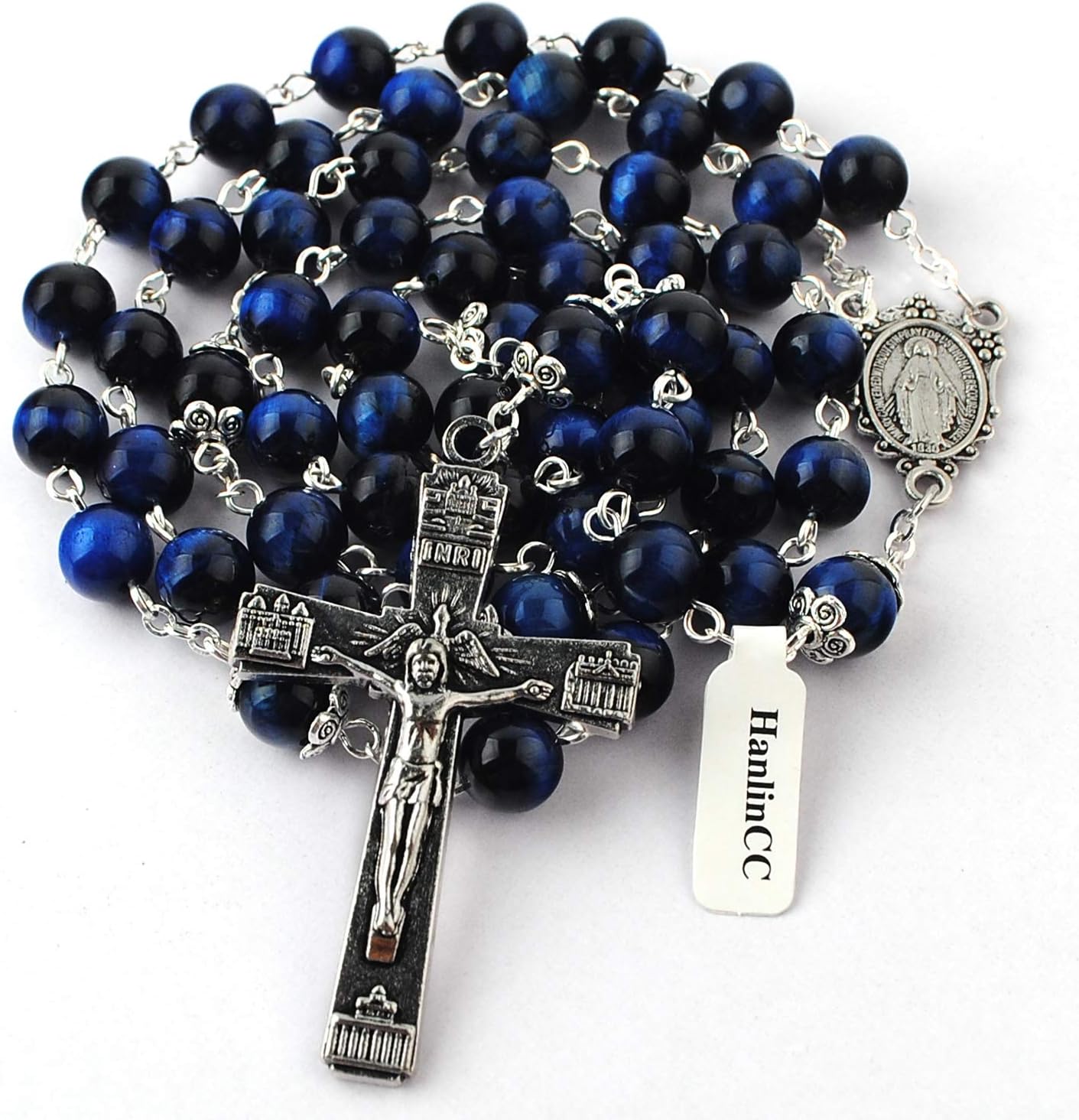 HanlinCC 8mm Natural Blue Tiger Eyes Gemstone Beads Miraculous 5 Dacade Rosary Necklace with Anti-Silver Catholic Crucifix Pack in Leather Gift Box - Image 5