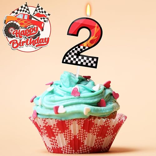 Vista 3 de Vela de cumpleaños de coche para pastel, dos velas con temática rápida número 2, decoración de fiesta de ruedas de coche de carreras