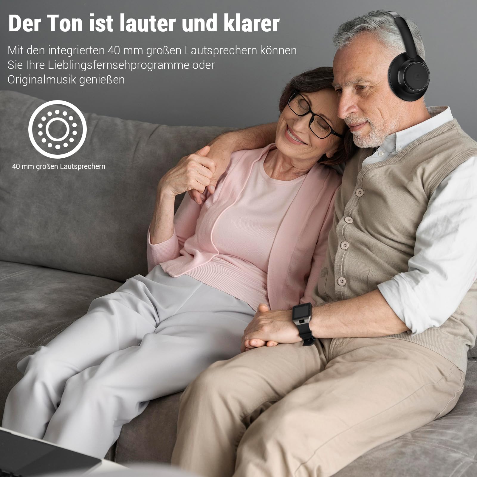 Funkkopfhörer für Fernseher, kabellose TV-Kopfhörer mit TV-Sender-Ladestation für Senioren, Hörgeschädigte, Keine Audioverzögerung, Blutooth-Kopfhörer, Plug-and-Play, Schwarz
