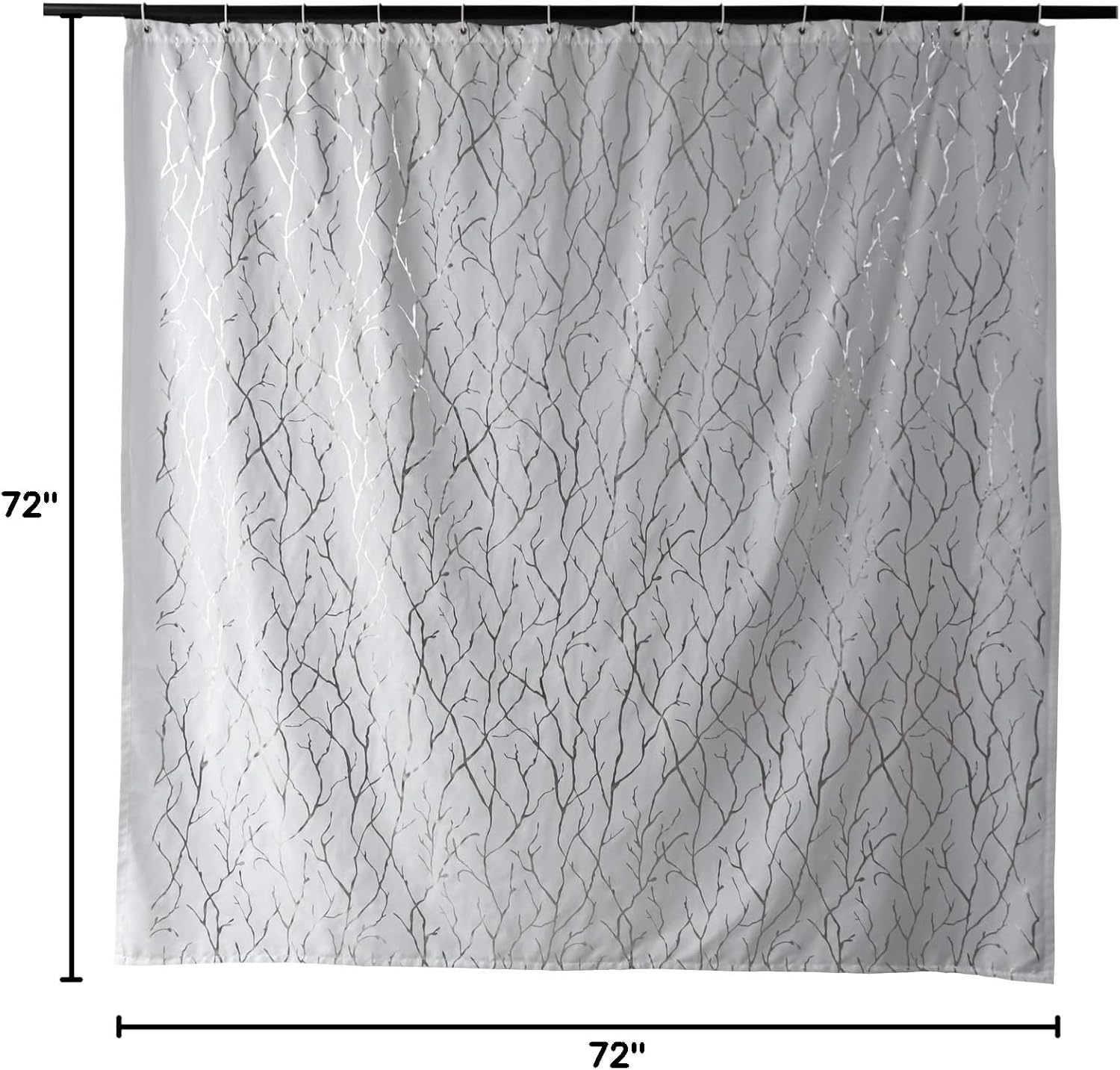 FINECITY Branch Shower Curtain Set - Metallic Silver Tree Branch Printed on White Fabric Grommet Shower Curtain 72 Inch Length for Bathroom 12 Hooks Included, 72 x 72 Inch, Silver White