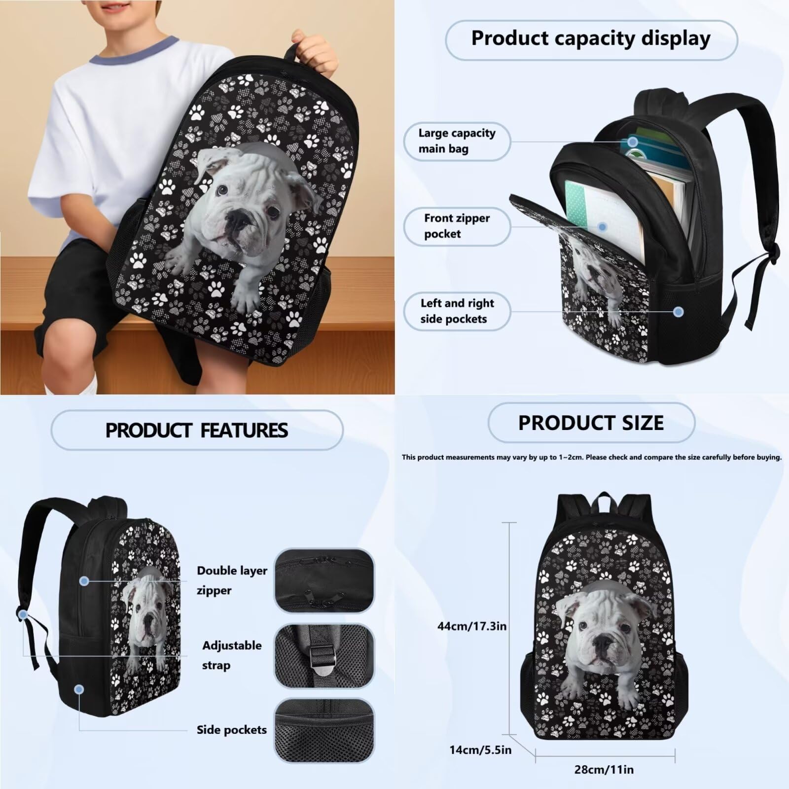 Poceacles Zaino scolastico con borsa per il pranzo e astuccio per ragazze e bambini, set da 3 pezzi, borsa per la scuola Mochila Escolar para NiñAs, Zampa Bulldog Francese