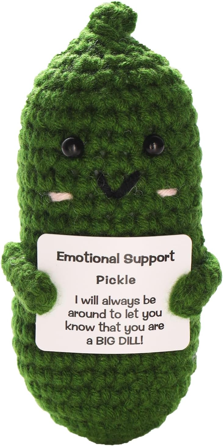 Mini Crochet Cucumber – Funny Handmade Plush Gift for Emotional Support, Stress Relief Veggie Toy with Positive Message for Women Men Teens Desk Decor