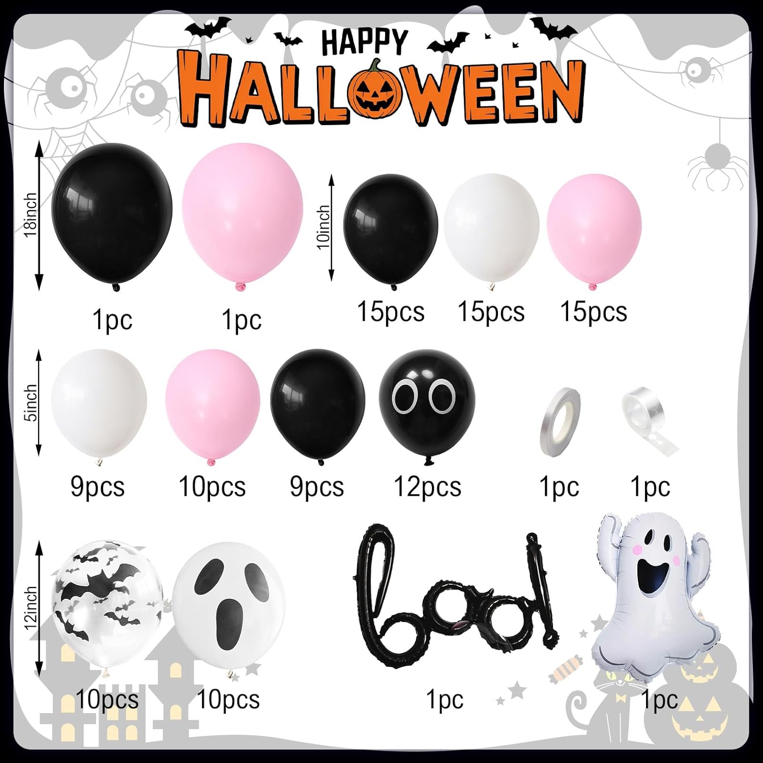 Halloween Balloon Arch Kit, Black Pink Balloons Garland Arch Kit with Large Ghost and BOO Foil Balloon, Eyes Bat Ghost Printed White Balloons For Halloween Decorations Home Garden Party Supplies - Image 2