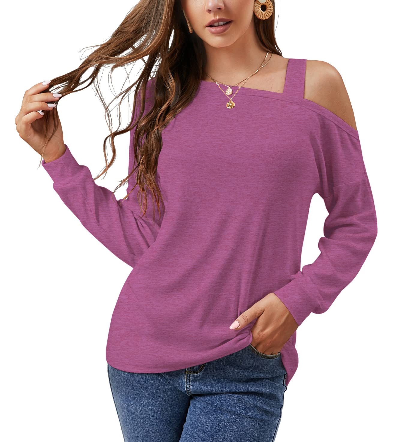 JiNKesIWomen's Long Sleeve Tunic Tops Casual Cold Shoulder Blouse Shirts, A7 Purple Red, Medium