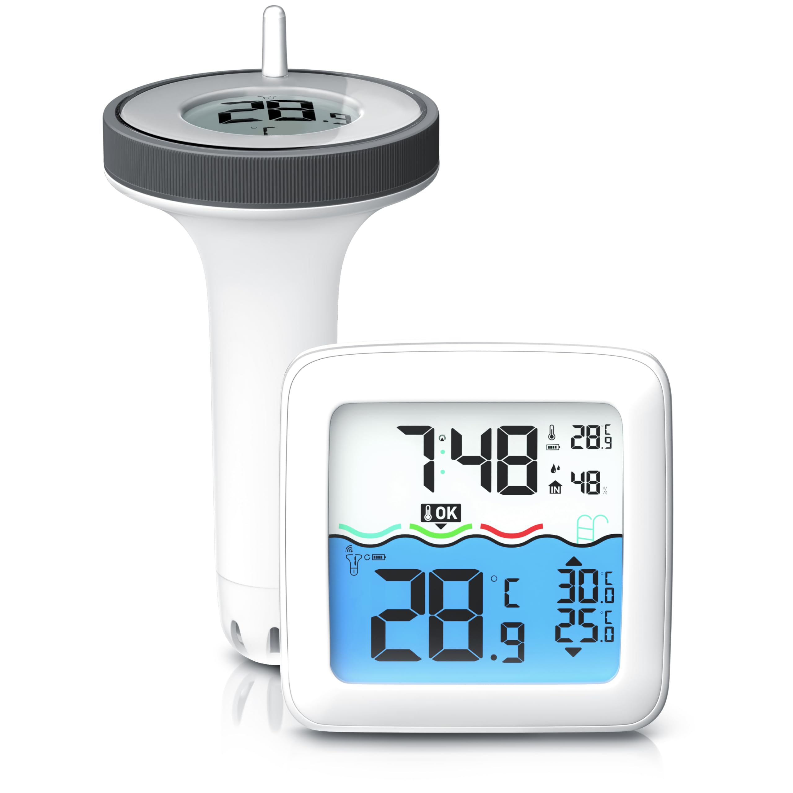 CSL - Funk Poolthermometer digital – Basisstation mit Schwimmer – Wassertemperatur Innentemperatur Luftfeuchtigkeit - DCF Uhrzeit – Pool Thermometer schwimmend