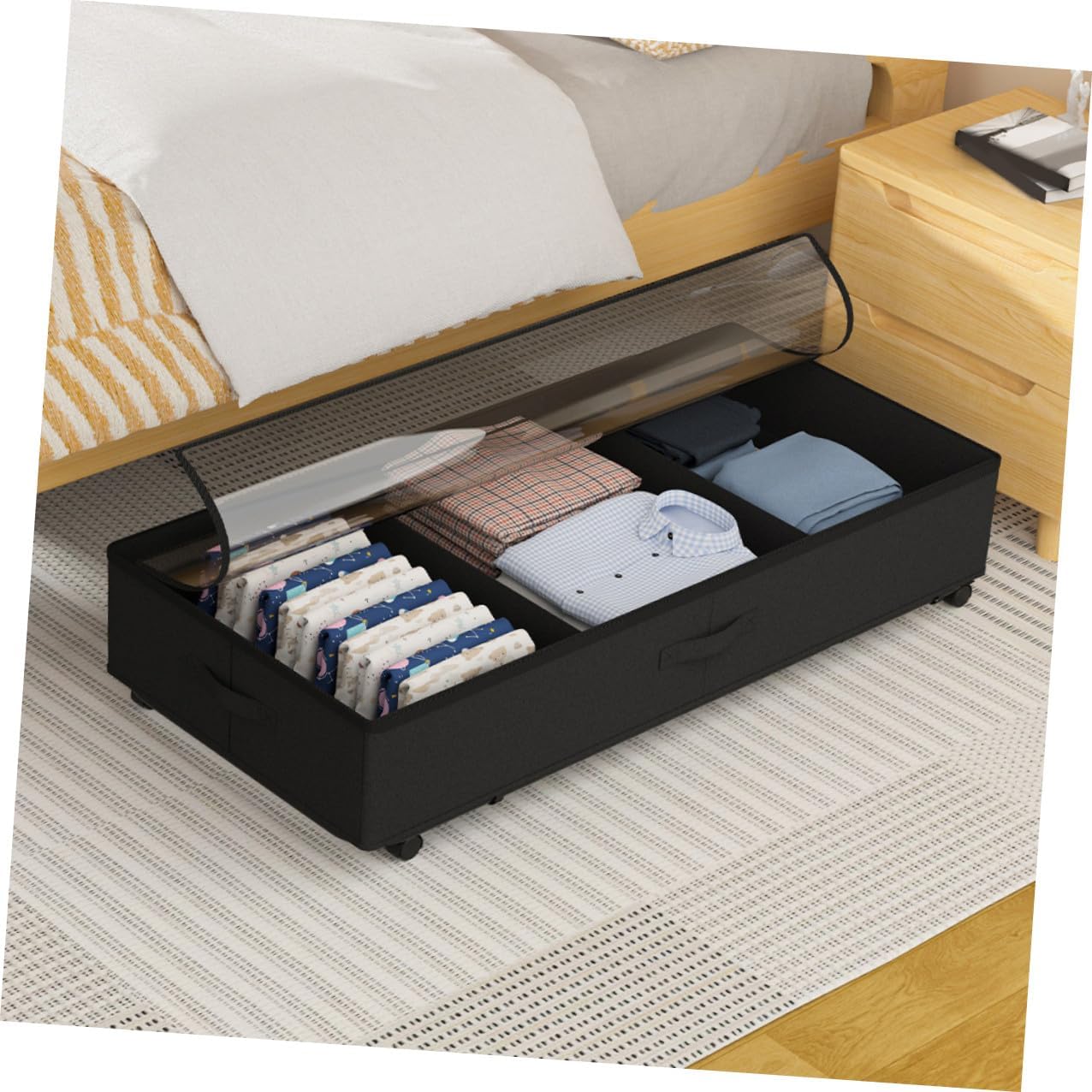 Bed Storage Bin with Wheels 3-grid Oxford Fabric Large Capacity Quilt and Clothing Organizer Dustproof Rolling Storage Cart for Blankets