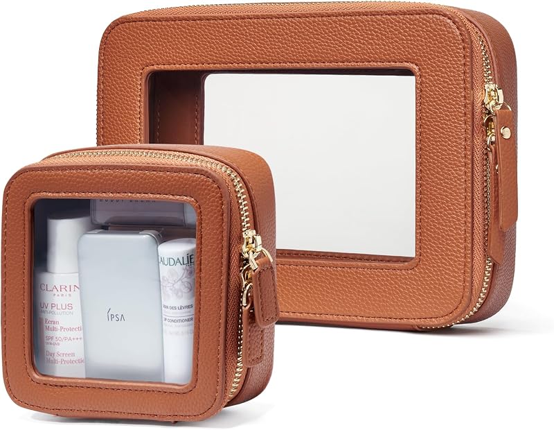 Necessaire transparente Popvibe para maquiagem e viagem com zíper, marrom, conjunto com 2