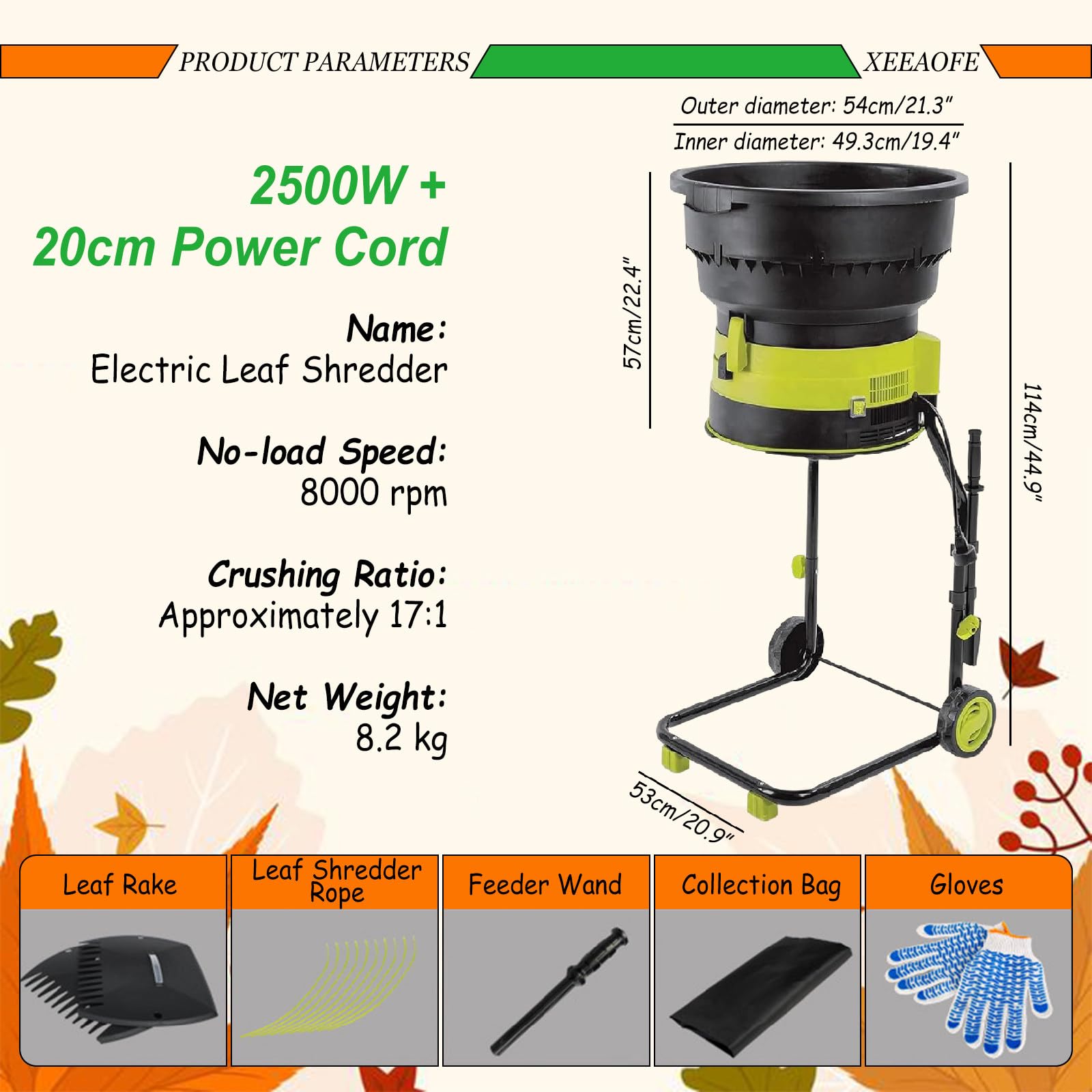 Déchiqueteur de Feuilles sans Lame 2500W, Ratio de Réduction 17:1, 8000 TR/Min Max, Broyage jusqu'à 55 Gal/Min, Lames de Coupe Supplémentaires 20cm