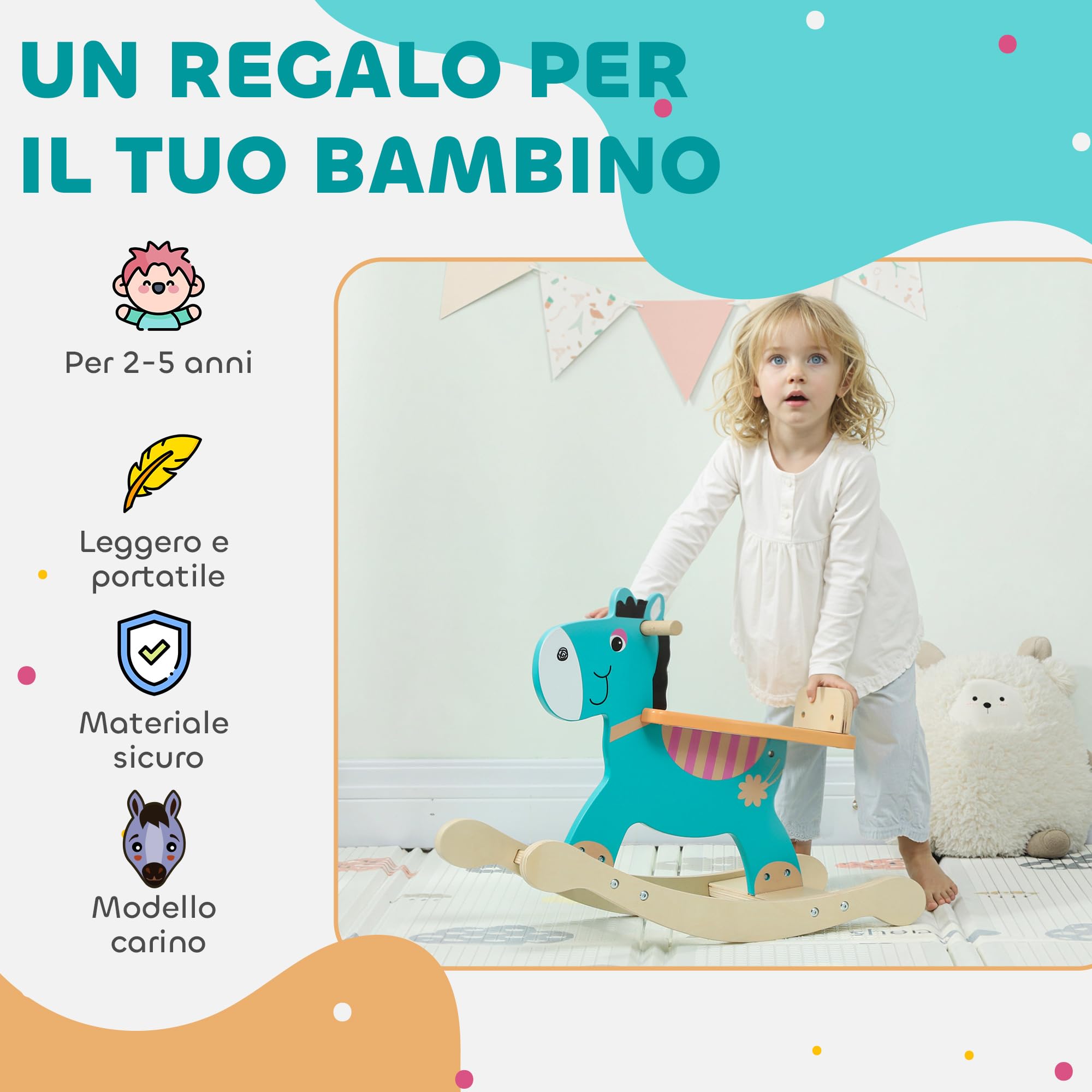 AIYAPLAY Cavallo a Dondolo a Forma di Asino per Bambini 2-5 Anni con Base Larga, Cavallino a Dondolo in Legno compensato, 59x27x43 cm, Verde Scuro e Arancione