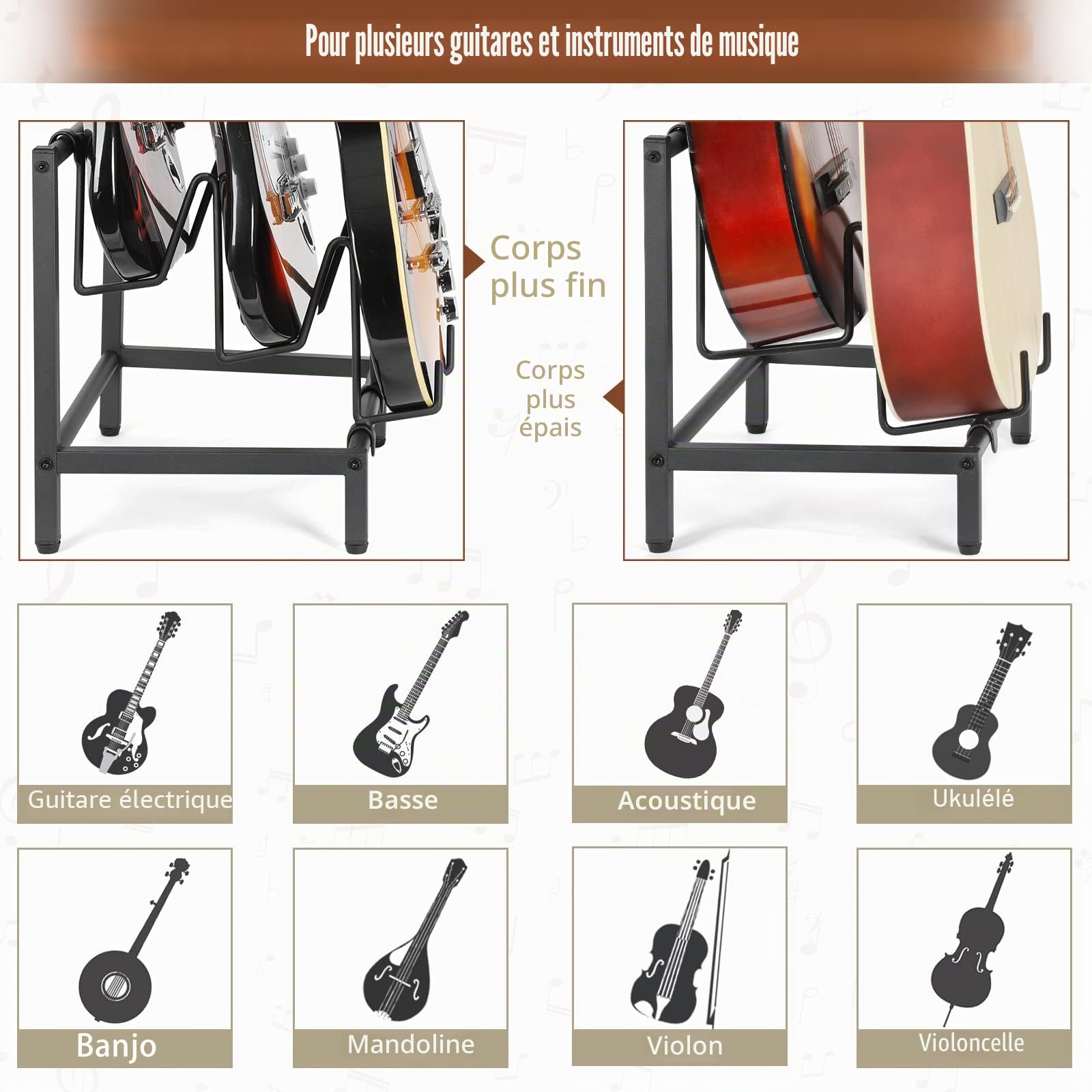 Bikoney Support Guitare à 5 Niveaux pour Guitare Acoustique, électrique, basse, Stand Guitare Support de Guitare Réglable au sol pour Plusieurs Guitares
