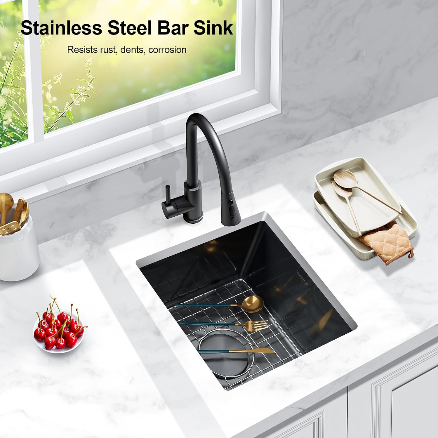 18x18 Black Bar Sink Undermount, Nano PVD Stainless Steel Single Bowl Square Deep Wet Bar & Prep Under Counter Small Kitchen Sinks with Grid (Gunmetal Black)