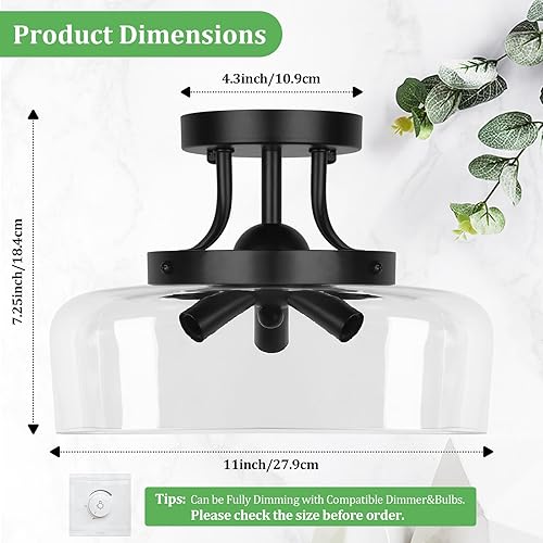 Miniatura 4 de Lámpara de techo industrial moderna semiempotrada con pantalla de vidrio transparente, lámpara de techo negra de 3 bombillas para cocina,