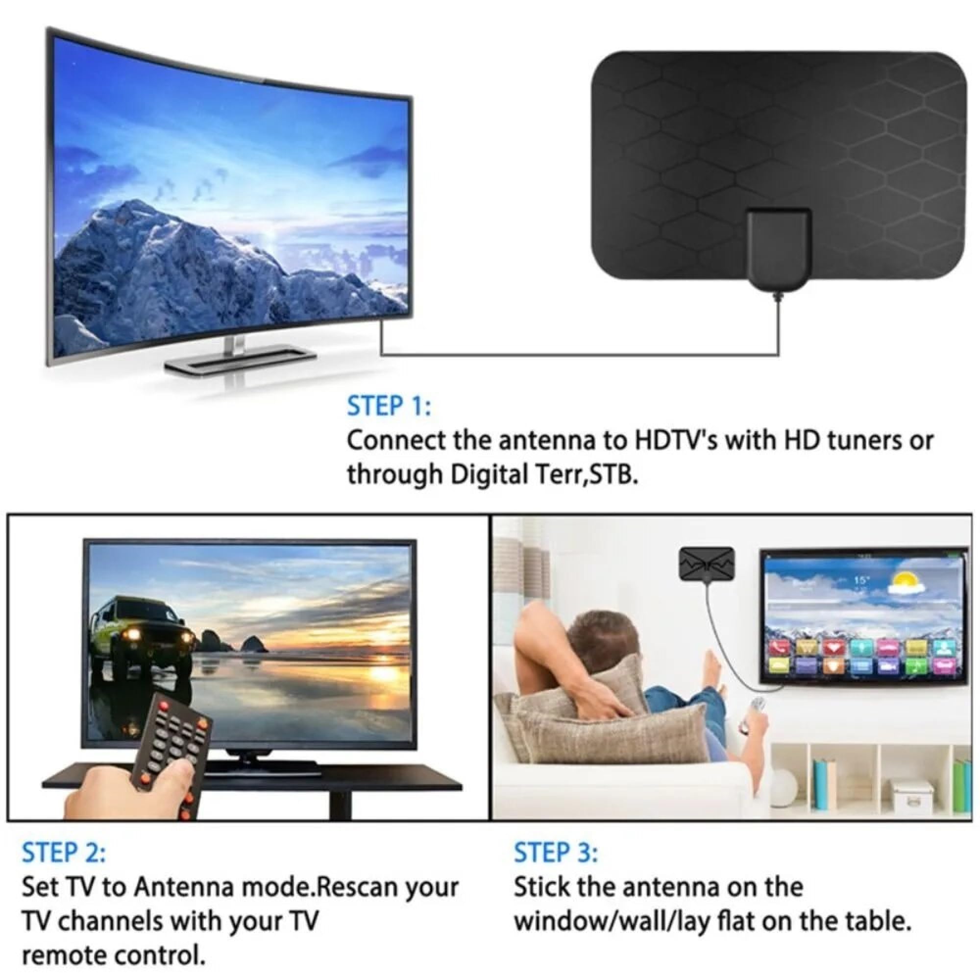 Antenne TV pour Smart TV – Antenne HD numérique HD pour intérieur et extérieur, compatible avec toutes les télévisions 4K 1080p HDTV 360 ° Amplifié Signal Réception Booster Chaînes locales gratuites,