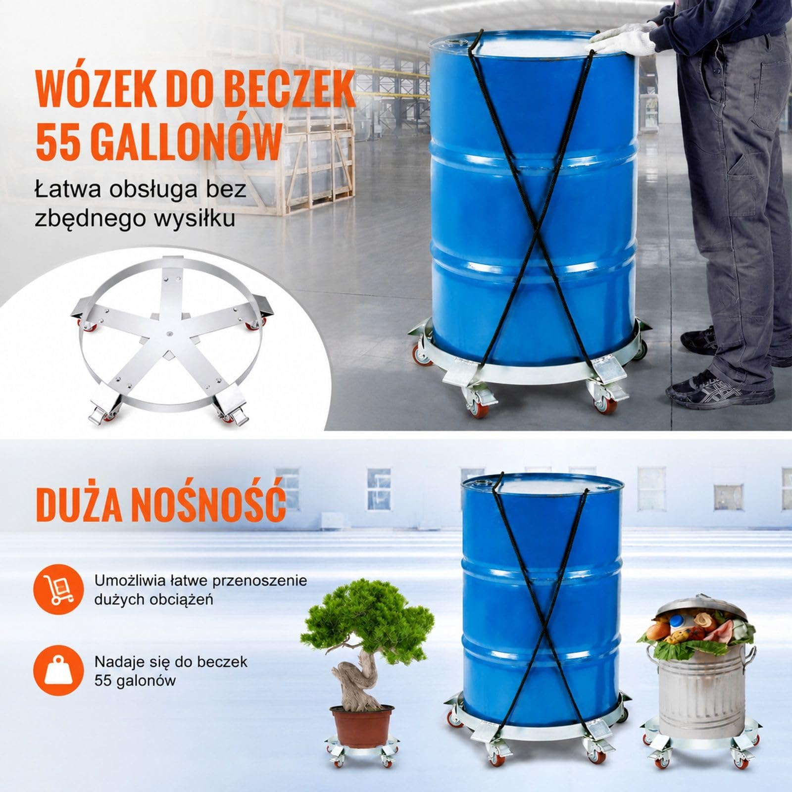 Mobilna podstawa wózkowa 250 l ze stali węglowej, 5 kół obrotowych, 2 hamulce, srebrny