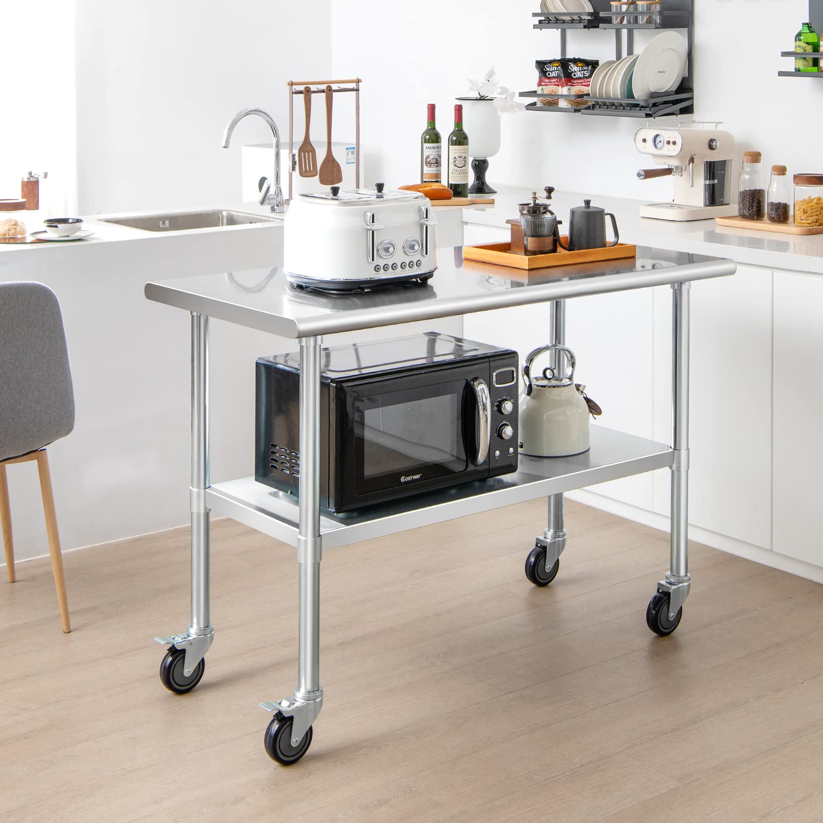 GIANTEX Mesa de Acero Inoxidable con Ruedas Universales, Carrito de Trabajo con Sobremesa Amplia y Estante Inferior Ajustable, Mesa de Preparación de Metal Móvil para Cocina, Restaurante