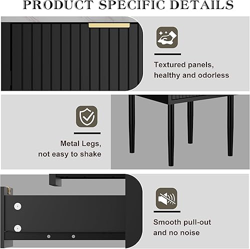 Miniatura 4 de Anbuy Juego de 2 mesitas de noche de mármol negro con mango dorado, mesita de noche a rayas con cajones, mesa auxiliar con parte superior de mármol