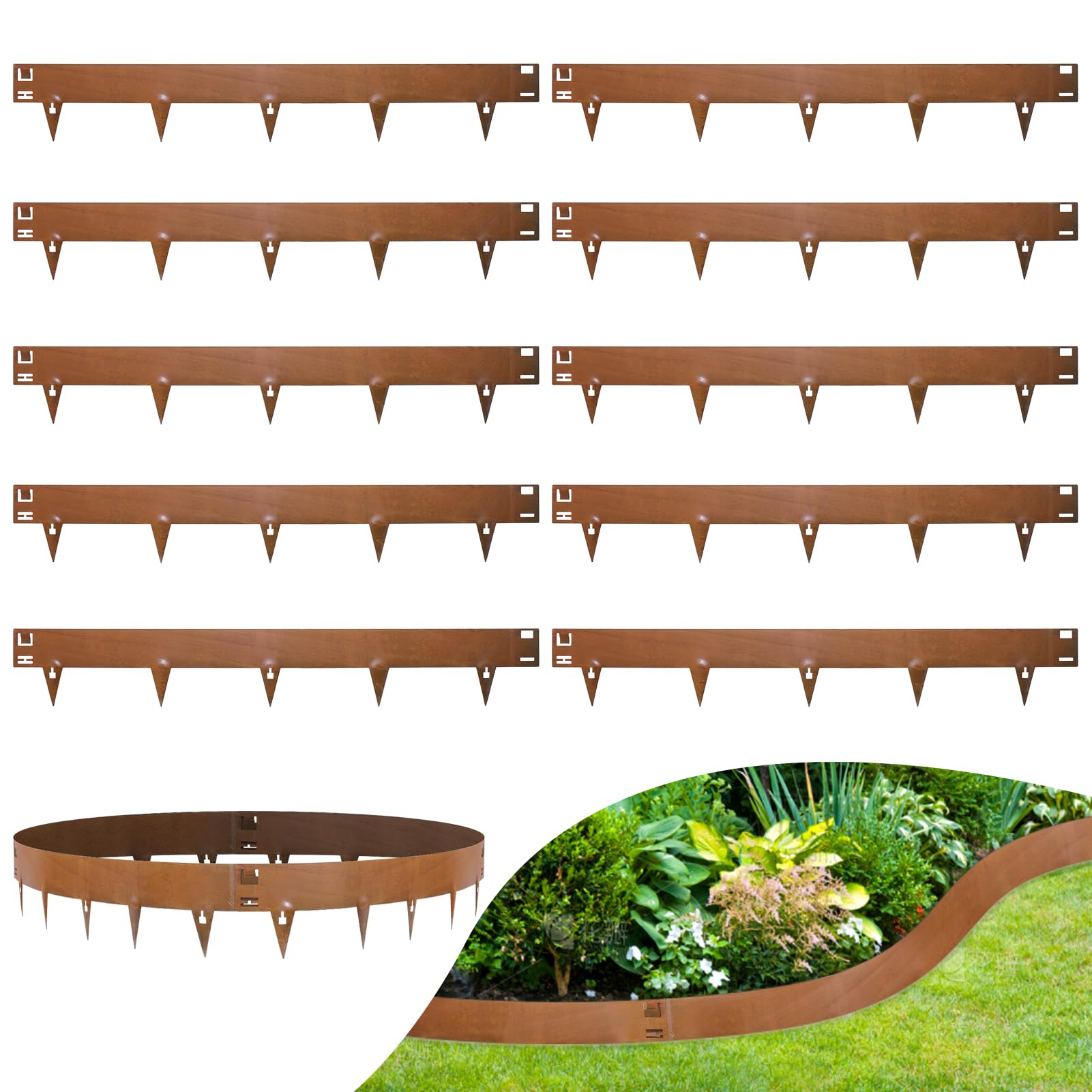 wowspeed Lawn Garden Edging Border 10PCS, Total 10.75m Metal Lawn Edging, 20cm Face Height Flexible Decorative Steel Edgings, Metal Garden Landscaping Pathway Borders Strip, Sinle Size:107.5 * 20cm