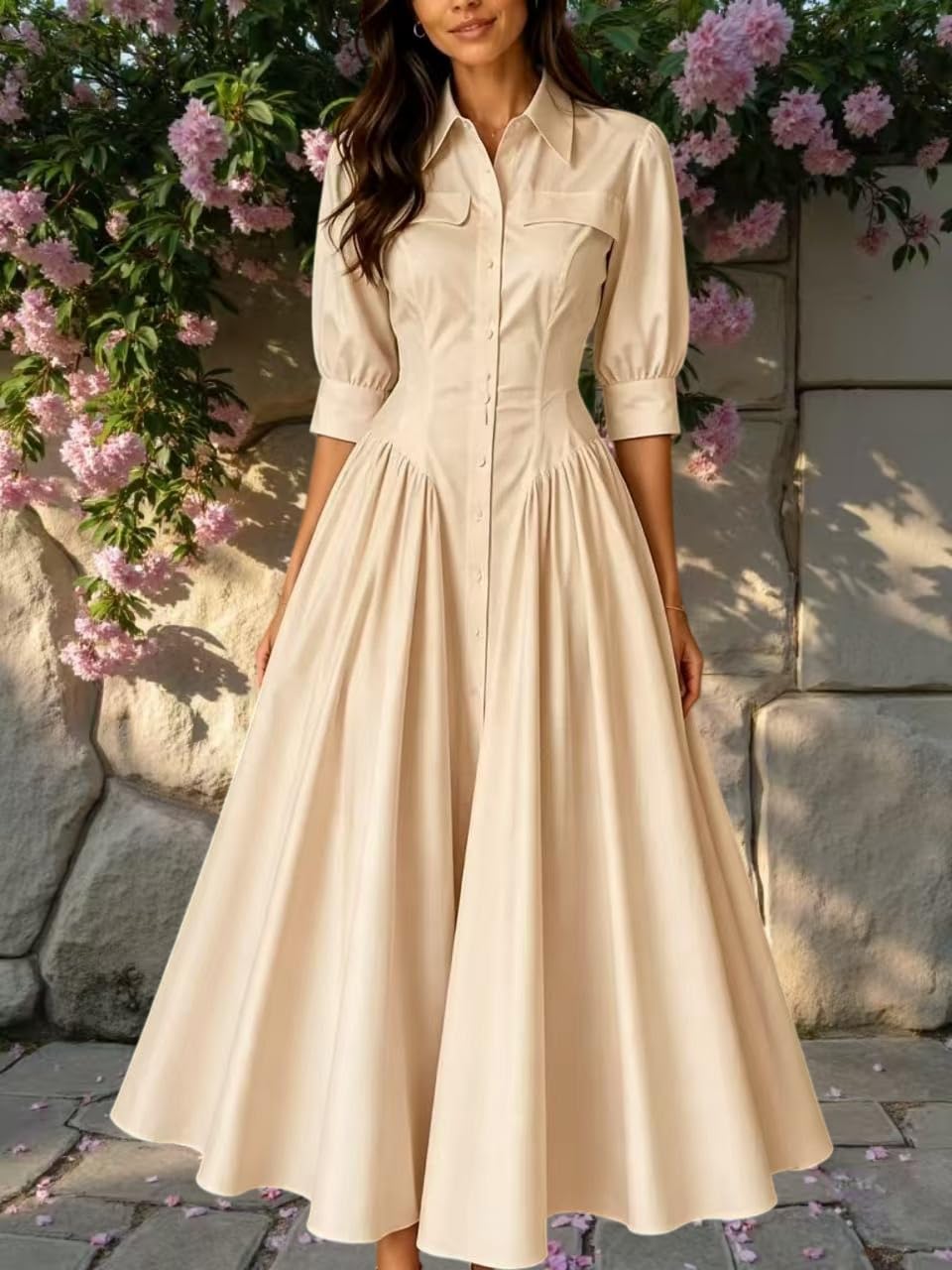 Vestido Mujer Vestido Camisero Largo De Algodón Y Lino para Mujer Elegante De Manga Tres Cuartos con Botones Cuello Y Cintura Fruncida Vestido Largo Holgado De Corte A Estilo Swing Ideal