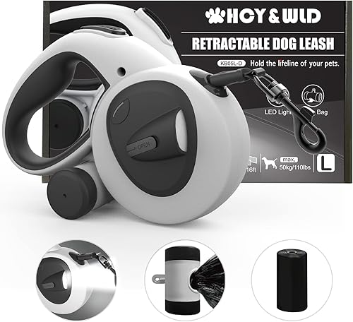 HCY&WLD Correa retráctil 4 en 1 mejorada para perro con luz LED, dispensador y bolsas para excrementos, correa resistente de 16 pies para perros con