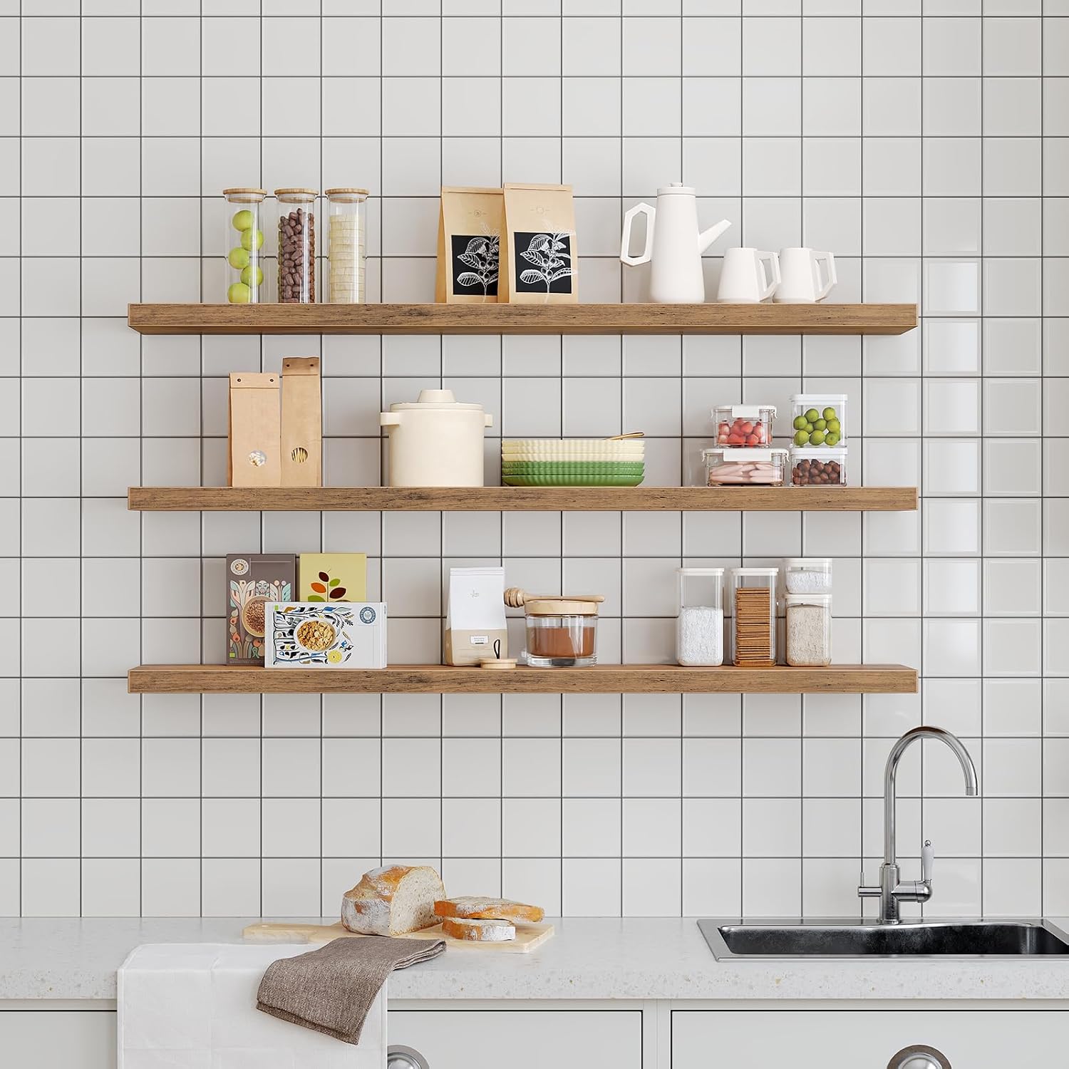 RALGEND Floating Shelves for Wall, 1.5" Thick Wall Shelf Set of 3 with Invisible Bracket, L47.2 x W7.9 Hanging Shelves Farmhouse Home Decor for Bathroom, Living Room, Bedroom, Rustic Brown 12301BJP3BF