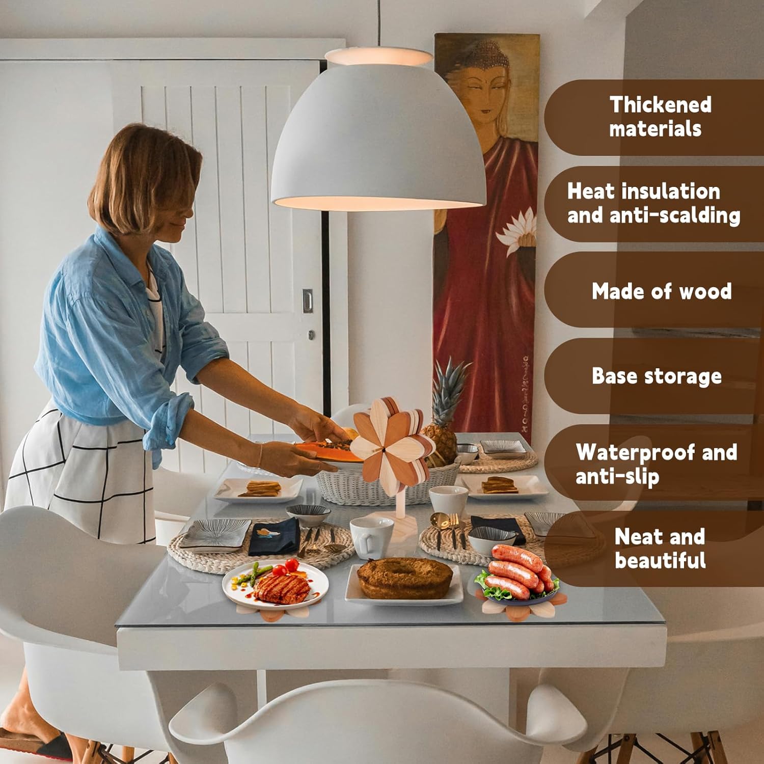 4pcs Wooden Trivets for Hot Dishes, Dual-Color Heat-Resistant Tree Trivets Hot Pads for Kitchen with Stand & Pillar Wooden Kitchen Accessories