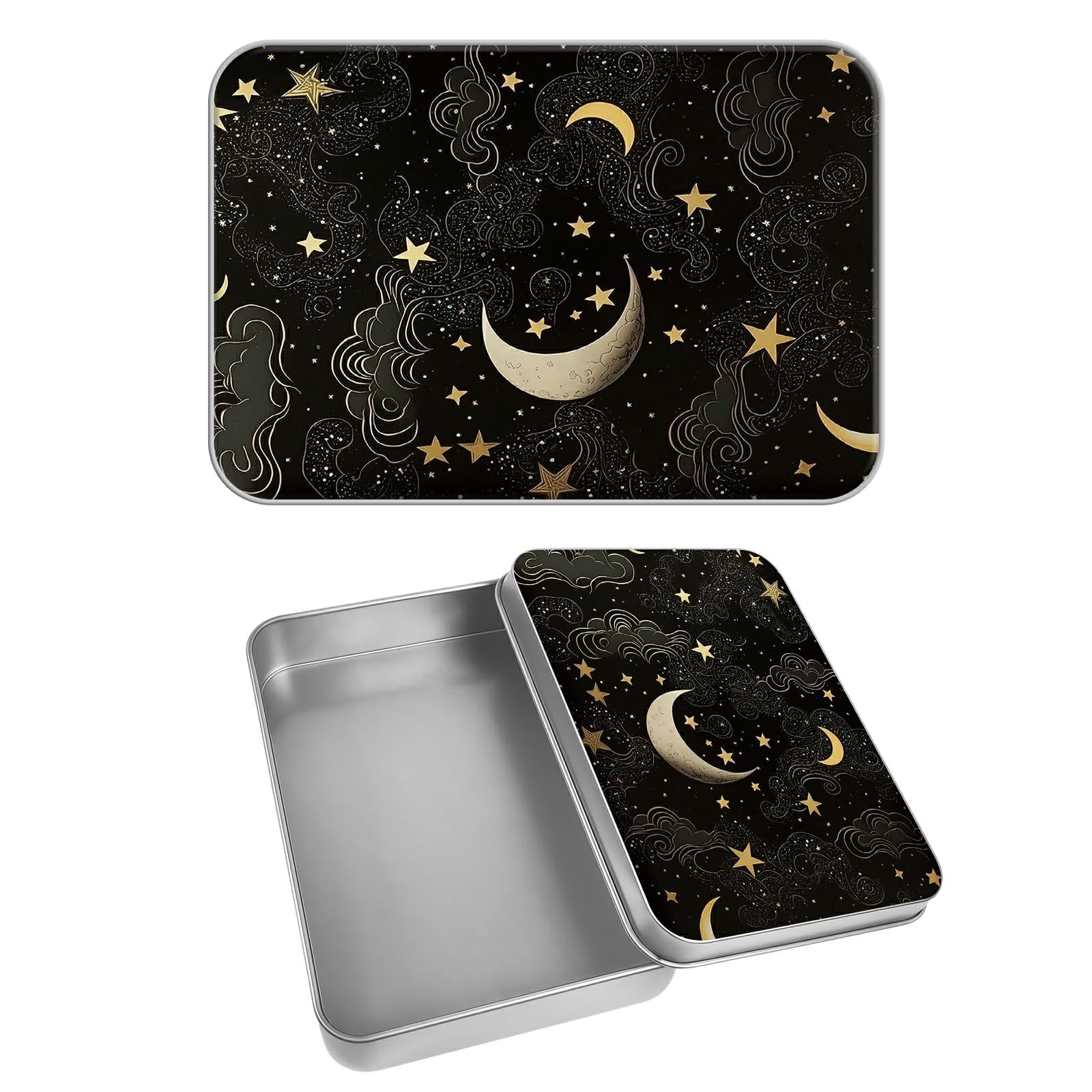 Rectangular Metal Tin Box with Removable Lid, Moon Star Decorative Printed Metal Storage Container for Cards, Diaries, Home Organization 4.53 x 3.35 x 0.86 inch– Single Pack