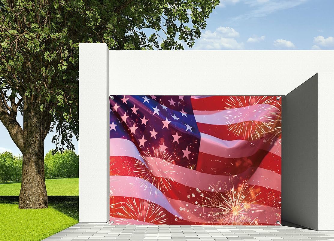 7x8ft American Flag Garage Door Decor Red and Blue Star Flag Golden Firework Garage Door Cover Independence Day Veterans Day 4th of July Patriotic President's Day Garage Door Decor
