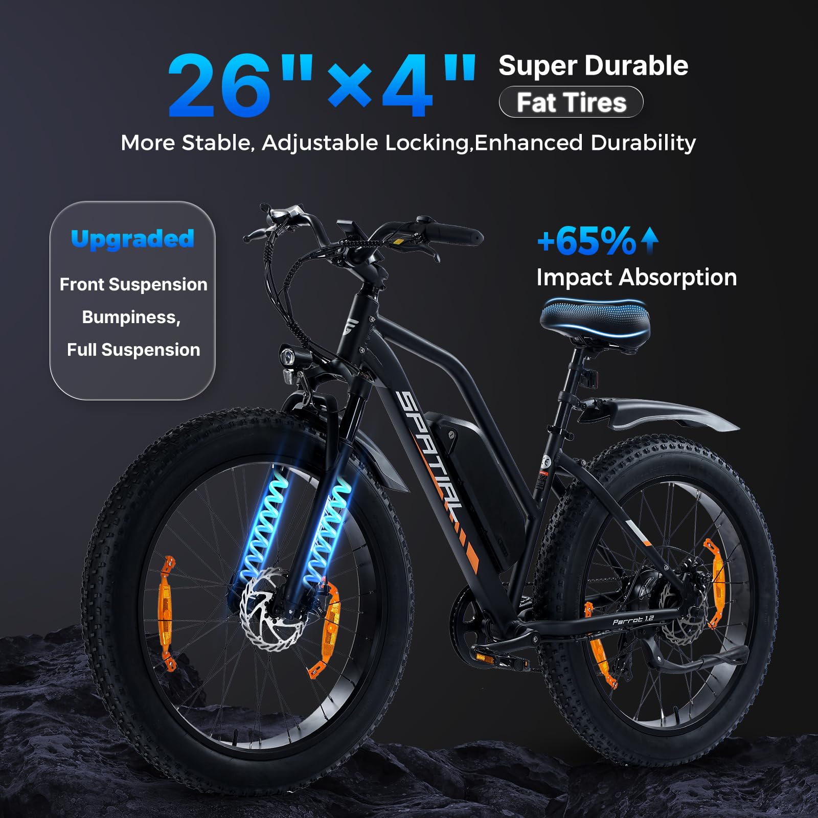 SPATIAL Vélo électrique Fat Tire de 66 cm, moteur 250 W, batterie 48 V 13 Ah 624 Wh, couple de 80 Nm, assistance au pédalage à 5 niveaux, vélo électrique de montagne à 7 vitesses pour adultes