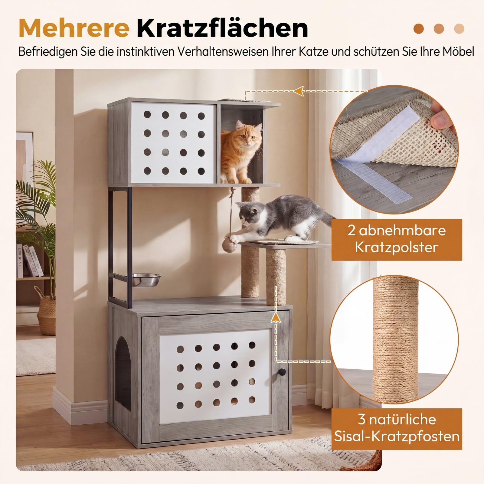 COSTWAY Kratzbaum mit Katzenklo Schrank, Katzenschrank für Katzentoilette, Katzenhaus Holz, Katzenkratzbaum mit Futterstation, Sisalpfosten, Kratzmatten & Eingang, Katzenbaum Katzen (Grau)
