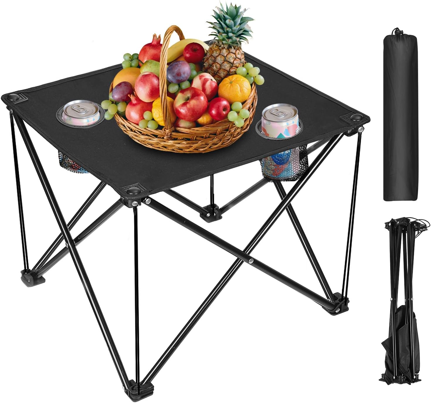 Folding Camping Table with 2 Cup Holders, Portable Picnic Table 600D Oxford Fabric, Lightweight Beach Table with Carrying Bag for Outdoor, Camping, Picnic, Beach, BBQ