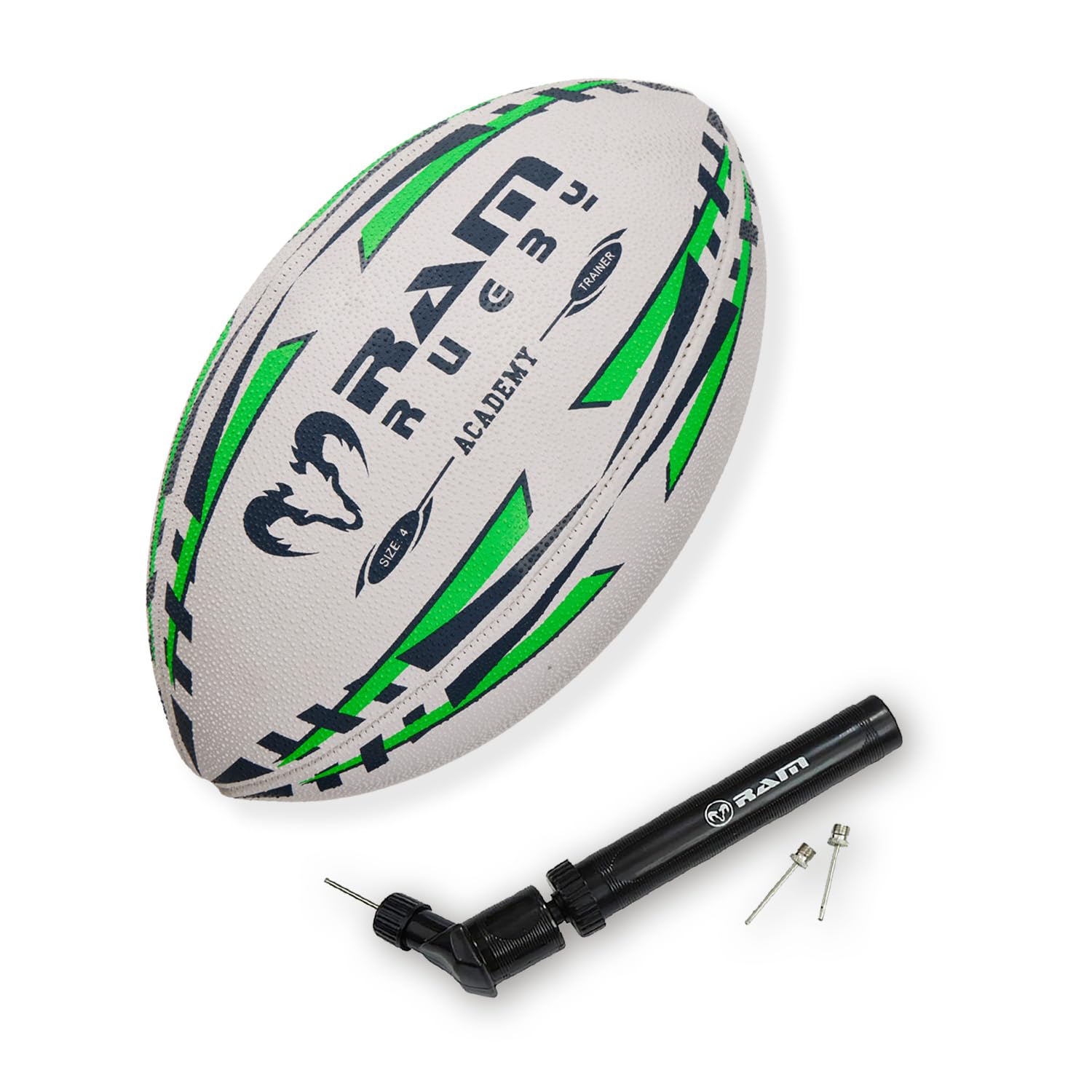 Ram Rugby Academy Training Ball (Size 3 & 4) – Hand Stitched 3-Ply with 1 Year Shape Guarantee – High Grip Rubber Surface for Youth & Club Use