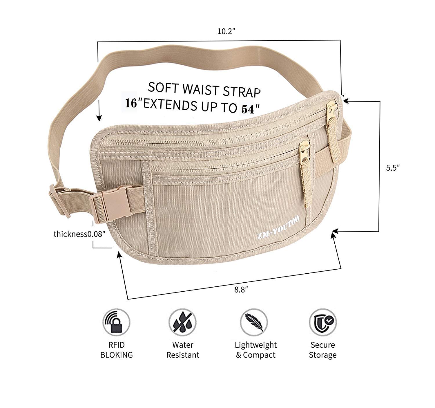 Pas na pieniądze do podróży – ukryta torba podróżna chroni Twoje środki i pieniądze dzięki etui na paszport blokujący RFID, portfel na talię (khaki), Khaki, One Size, Podróżny