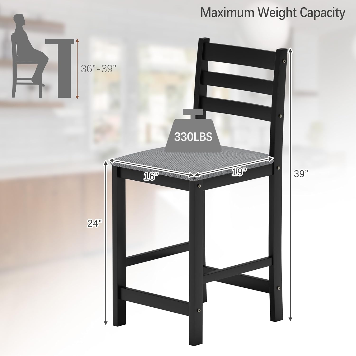 24'' Counter Height Bar Stools Set of 4, Solid Wood Island Chairs for Kitchen, Stools for Kitchen Counter, Black