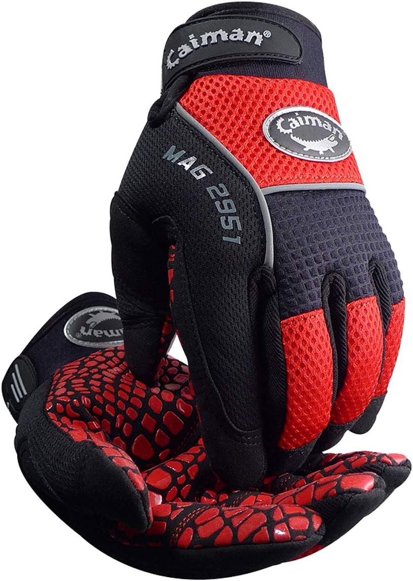 Caiman 2951 Multi Activity Glove with Silicone Gator Pattern on Synthetic Leather, Red and Black