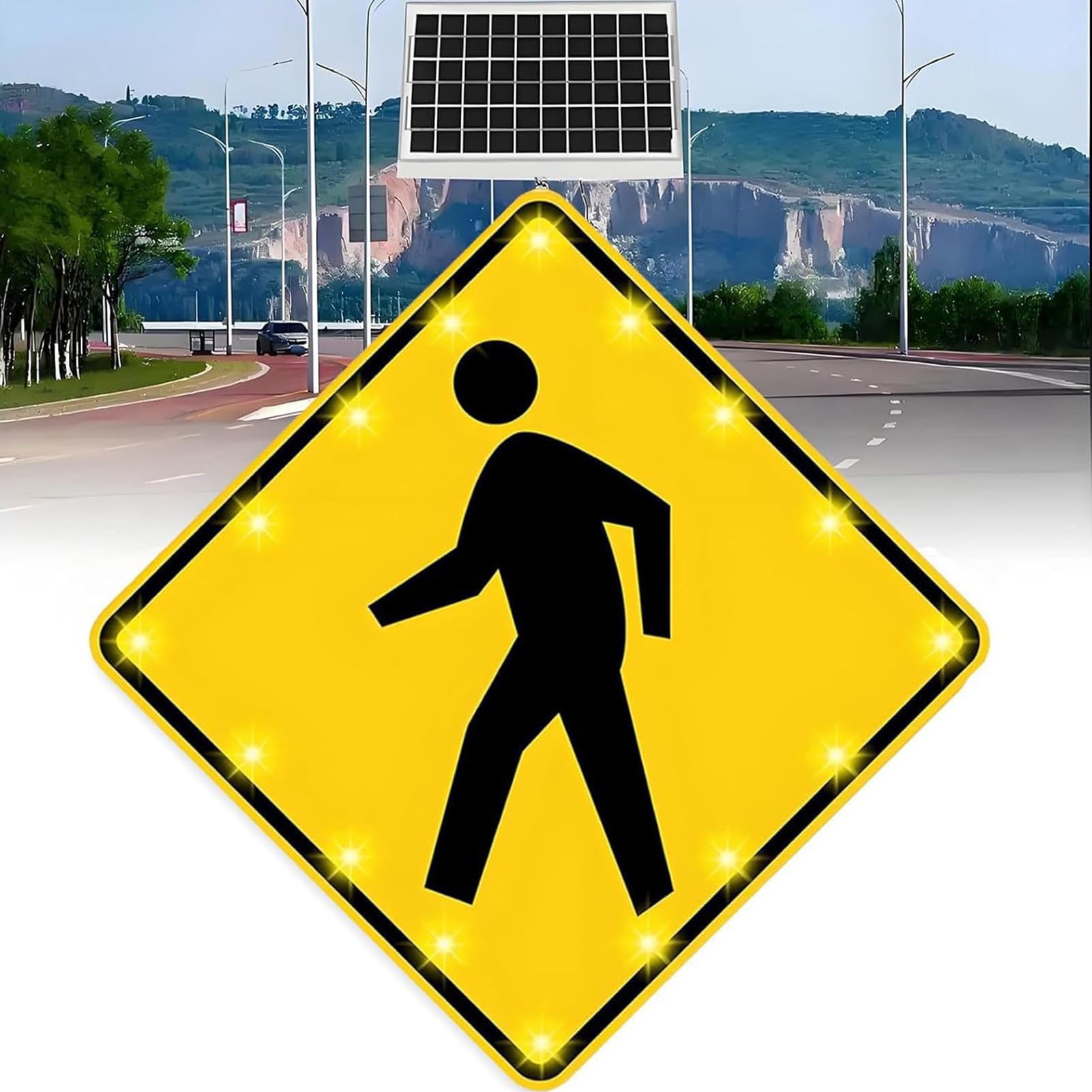 Semáforo LED, señal de Cruce peatonal LED con energía Solar - Señal de Advertencia de tráfico Intermitente de 24"/30" con película Reflectante y Marco de Aluminio Inoxidable para Mayor segur