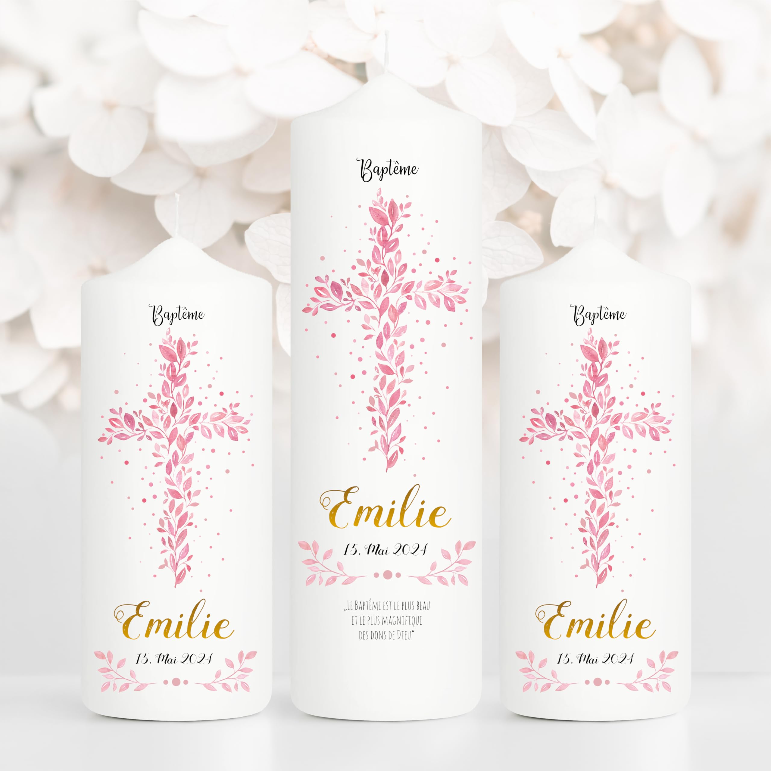 Bougie Baptême personnalisée Fille motif Croix florale rose – Cierge Baptême avec prénom et date – Cierge de parrainage – Bougie imprimée – Cadeau parrain marraine – 18 x 7 cm