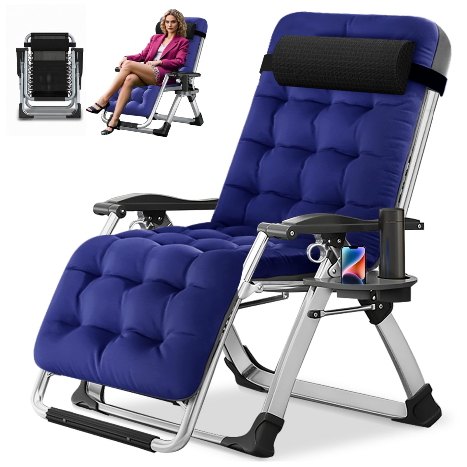 Tumbona plegable, capacidad de carga de 200 kg, silla de gravedad cero, portabilidad, tumbona con cojín, soporte para tazas, extra ancho, ángulo ajustable, tumbona de jardín, adecuada para