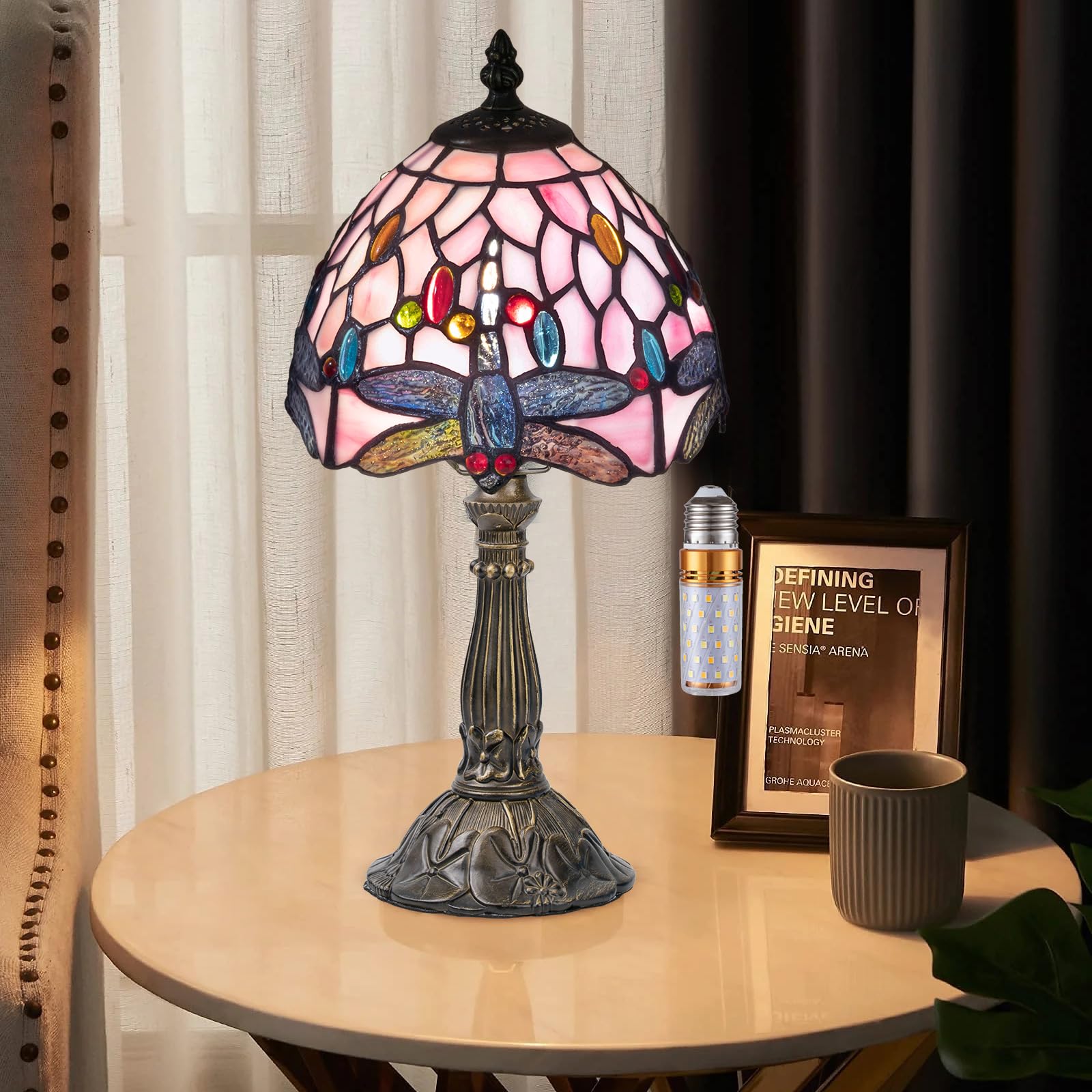 Photo 1 of Nizrsky Tiffany Table Lamp,3 Color-Temperature Dragonfly Stained Glass Lamp,8 Inch Tiffany Style Lamp for Bedroom Living Room Home, Handcrafted Light, Included Bulb (Pink)