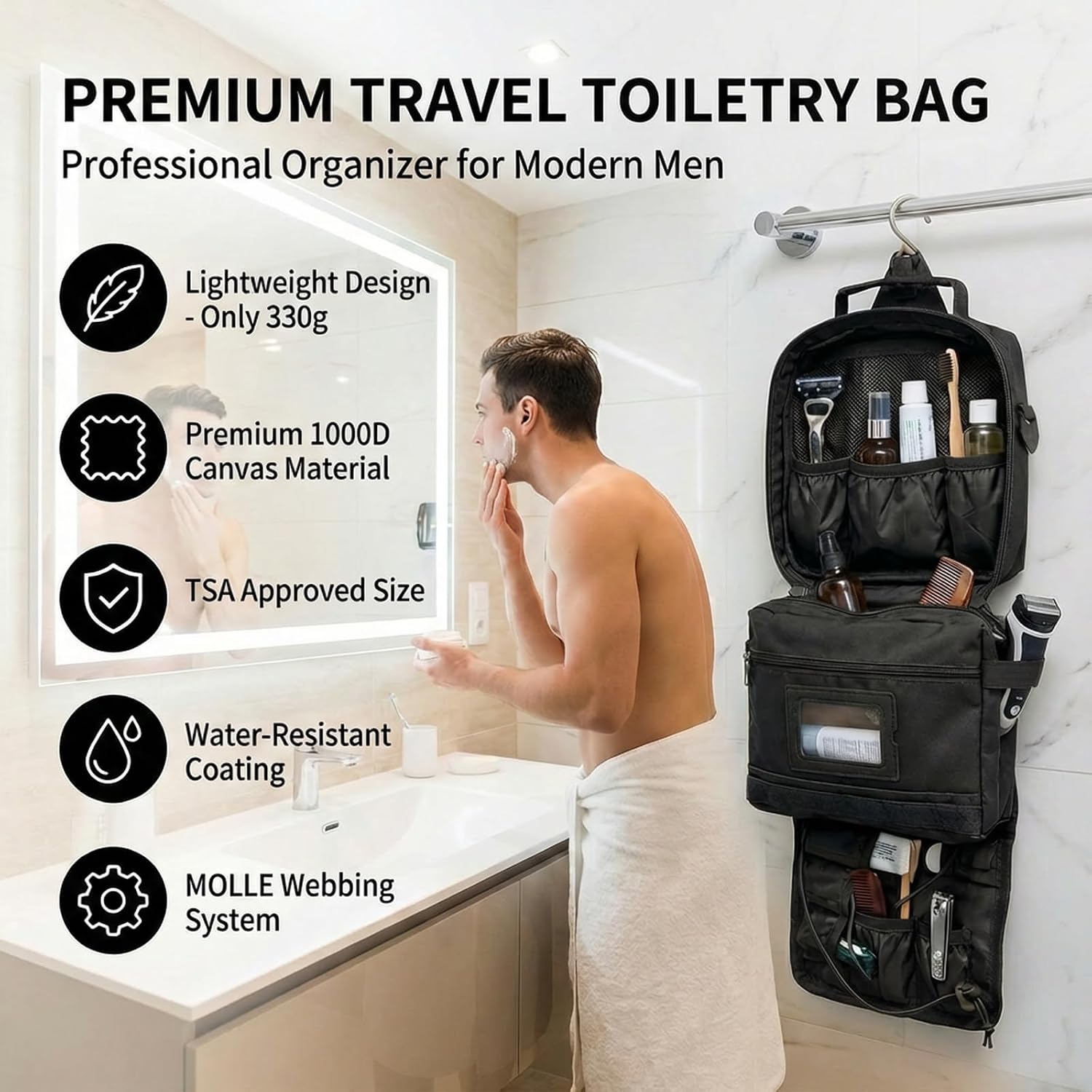 Mens Toiletry Travel Bag Tactical Toiletry Bag for Men Bathroom Dopp Kit Hanging Travel Toiletry Bag for Men Shaving Hygiene Bag Travel Toiletry Organizer Short Trips Bag, Black