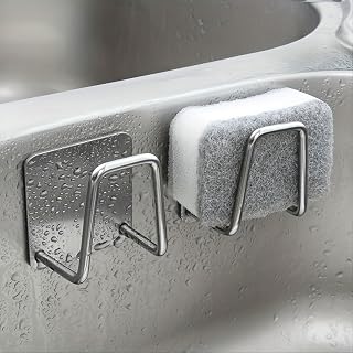 Stainless Steel No‑Drill Sponge Holder, Self‑Adhesive Sink Organizer Silver | Open hollow frame facilitates quick water draining, maintains good ventilation for sponges and scrub pads