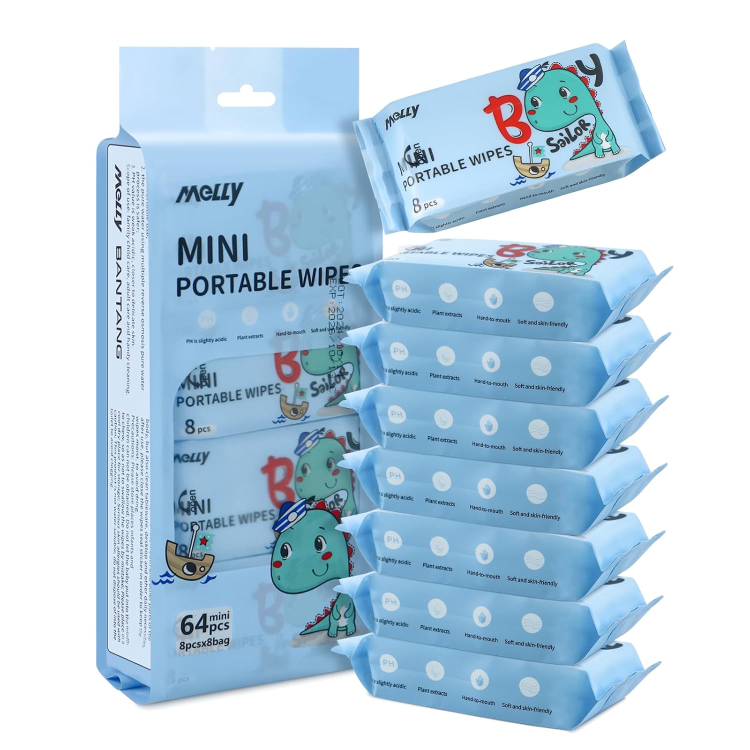 Wet Wipe Travel Size, Mini Makeup Wipes, Blue, 8 Pack 64 Wipes | Easy Portability, Skin-Friendly Ingredients, Mini wet wipes, Pocket Wet Wipes for Commuting/Picking Up Kids/Business Travel