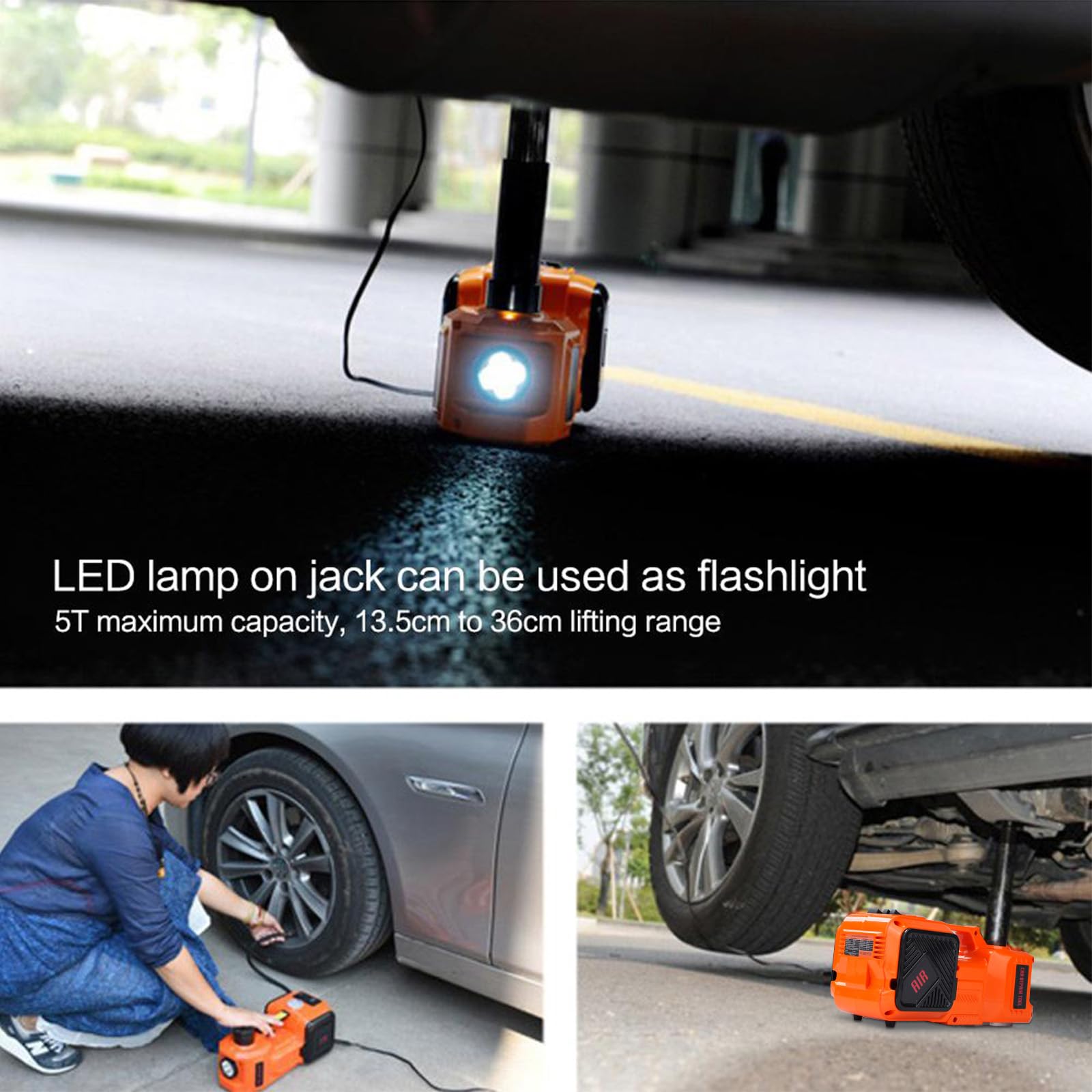 VOBOR Cric Électrique 5T, 12V Cric Hydraulique Voiture avec Gonfleur de Pneus et Lampe LED, 150-450 mm Crics de Levage pour Voiture Pickup Changement de Pneu Garage Réparation
