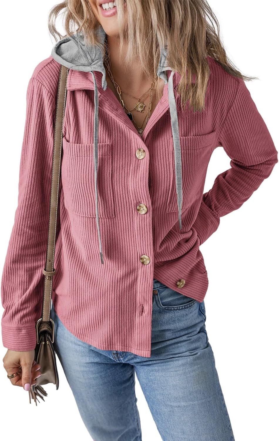 HERILIOS Womens Long Sleeve Button Down Shirt Corduroy Shacket Jacket Casual Fall Solid Short Hooded Coats